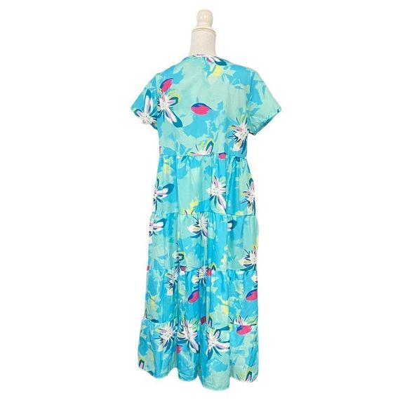 Large Summer Tiered Printed Aqua Blue Maxi Dress Light Weight - Picture 4 of 5